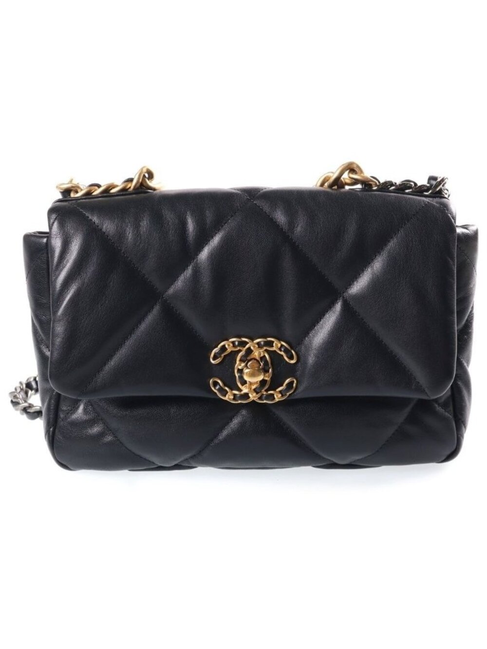 Chanel 19 Chain Shoulder Bag Medium Black Shiny Calfskin Gold Silver